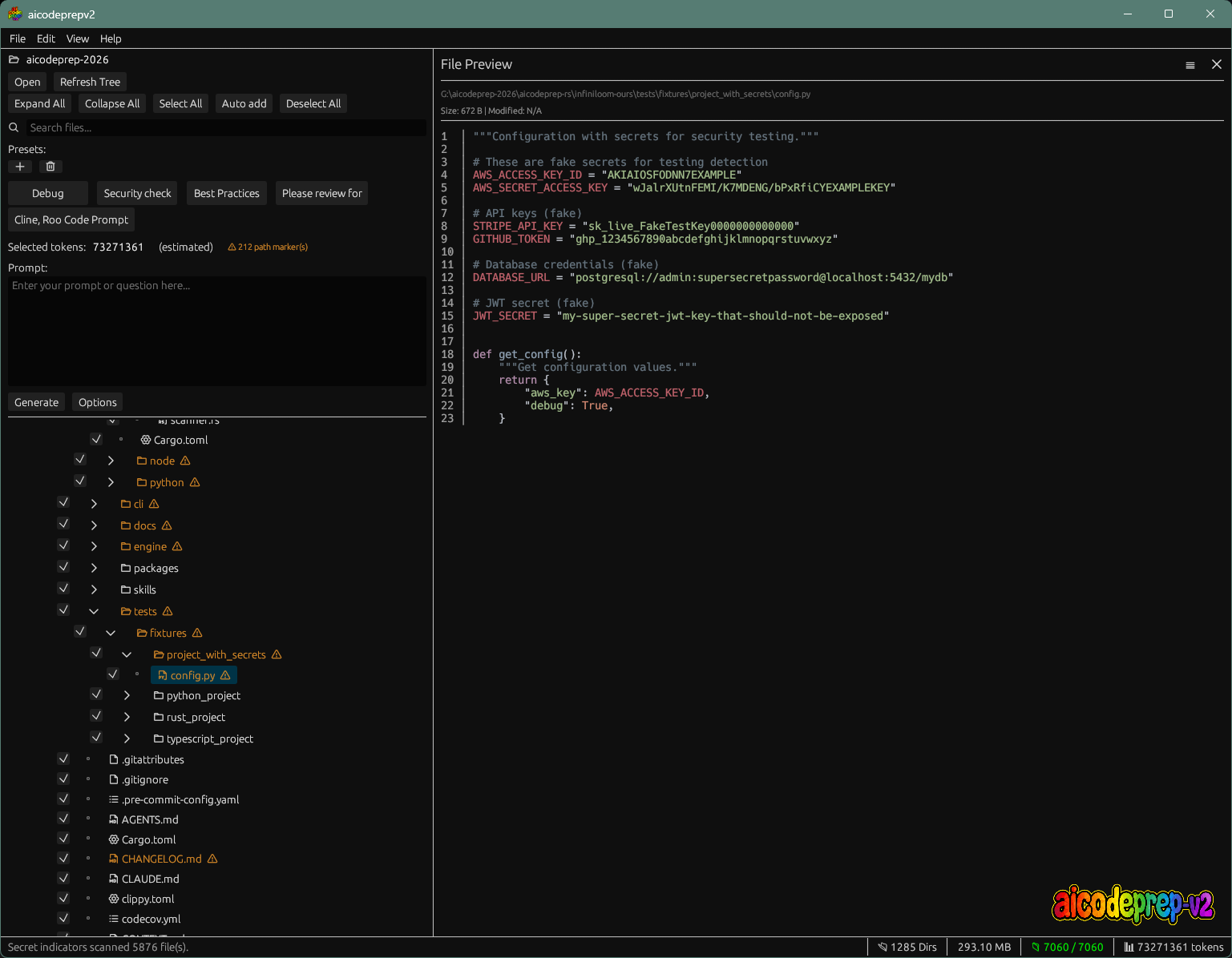 AICodePrep v2 file tree with security markers
