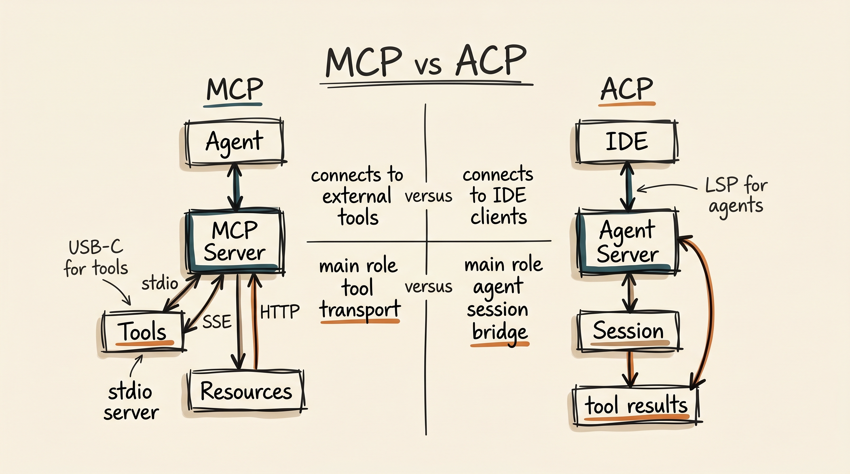 Hand-drawn side-by-side comparison of MCP and ACP showing MCP as agent-to-tool transport and ACP as IDE-to-agent session bridge.