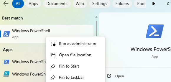 PowerShell right-click menu showing Run as administrator