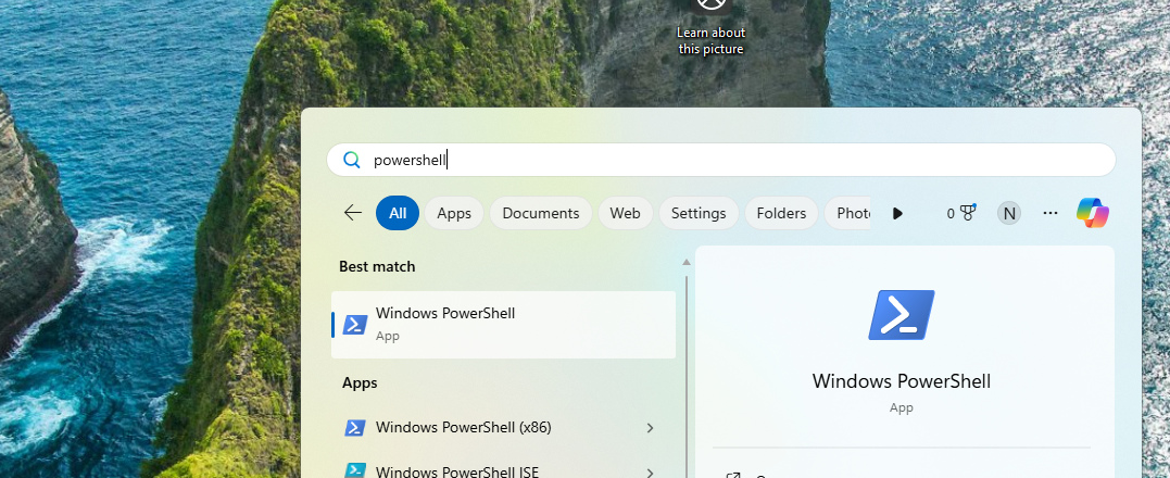 Windows Start menu with PowerShell search