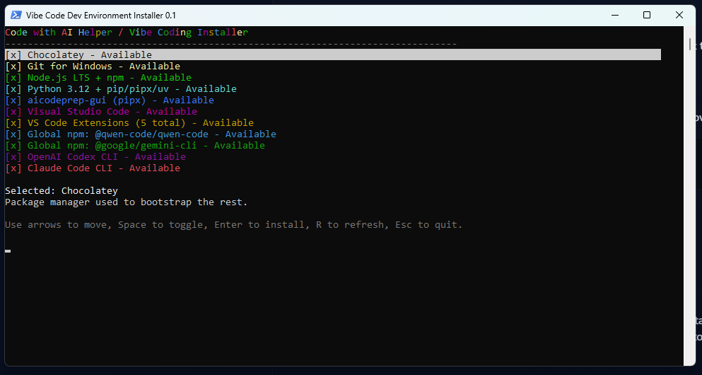 Vibe Code installer interactive menu